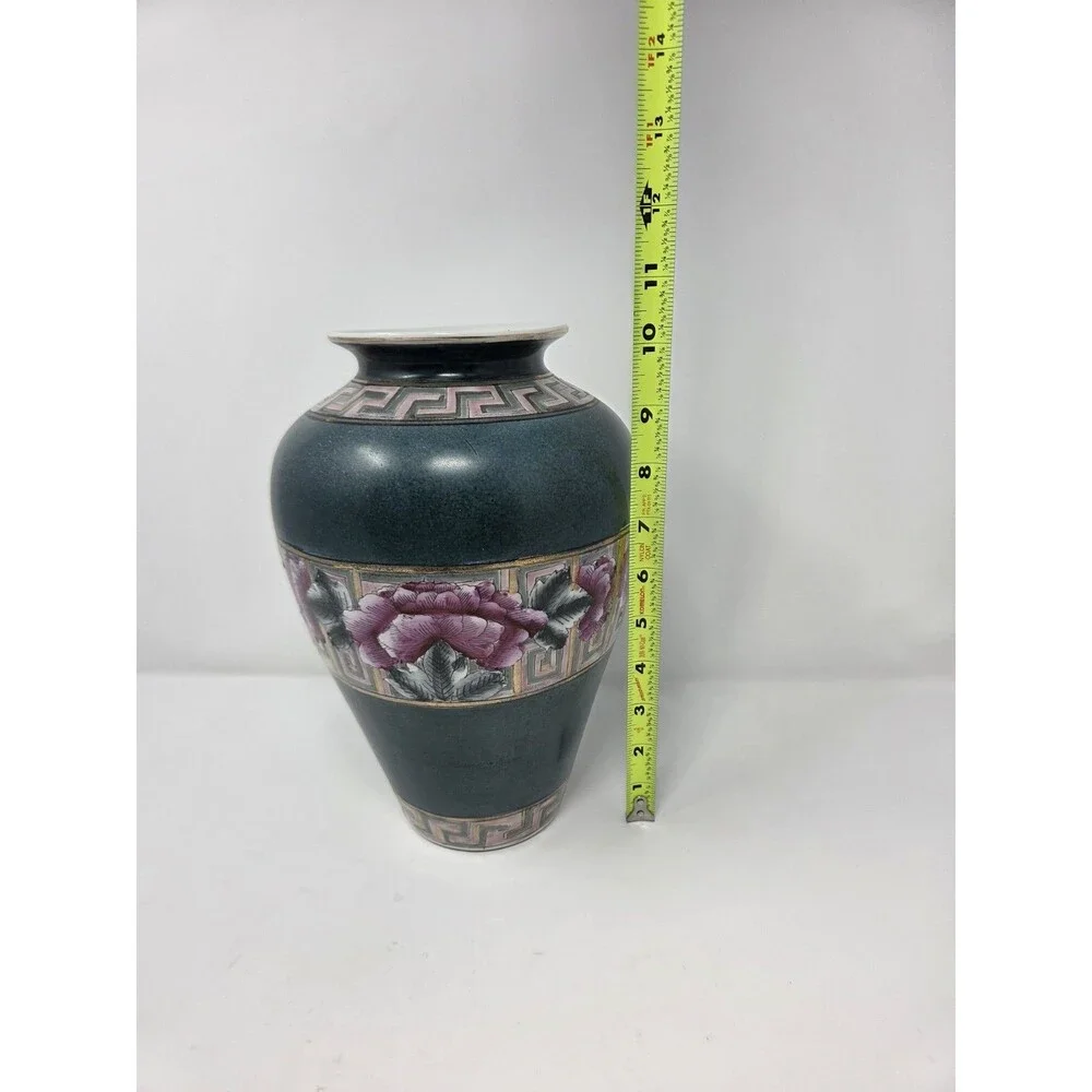 Vintage Japanese Style Porcelain‎ Vase Green Cloisonne Look Pink Floral 10